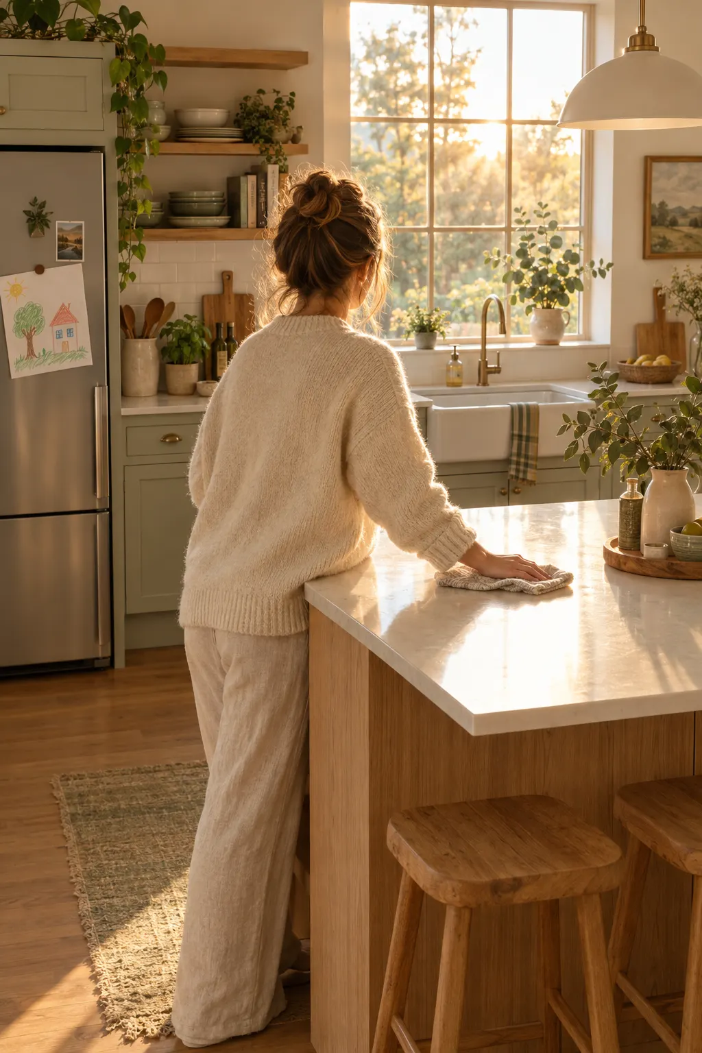 A mom wiping down a tidy kitchen island at golden hour