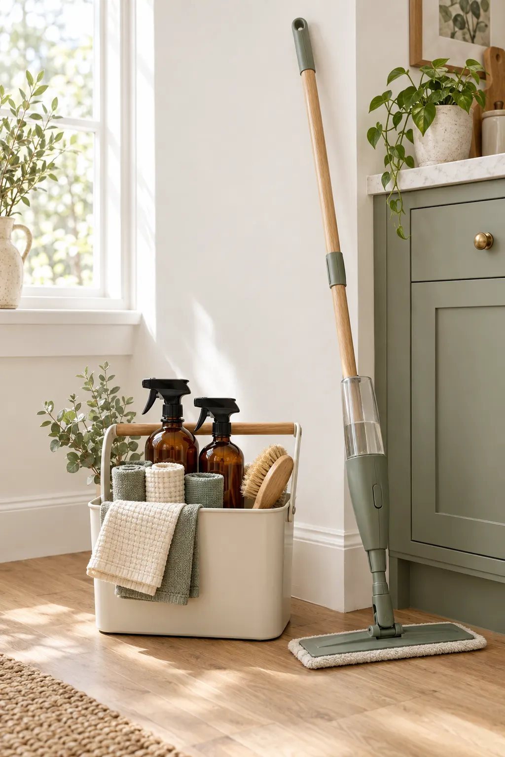 Cleaning caddy with amber spray bottles, microfiber cloths, and a spray mop against a white wall
