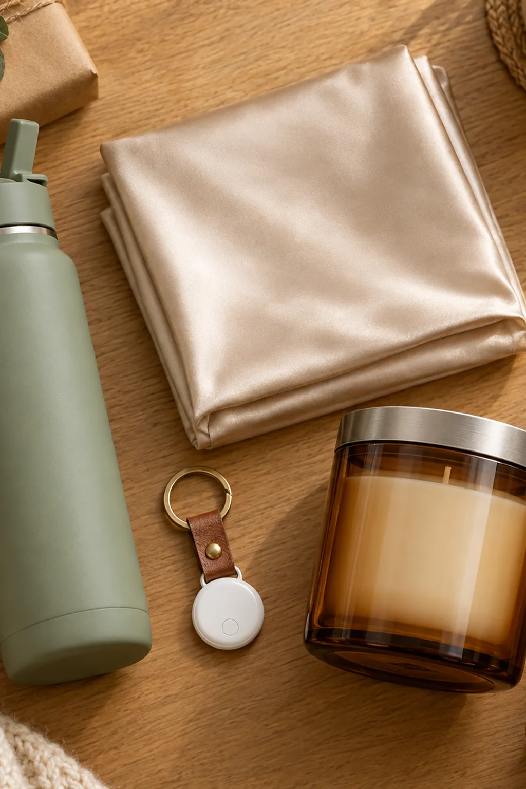 Wrapped gifts for a mom on a wooden table: a sage water bottle, a satin pillowcase, a key tracker, and a jar candle