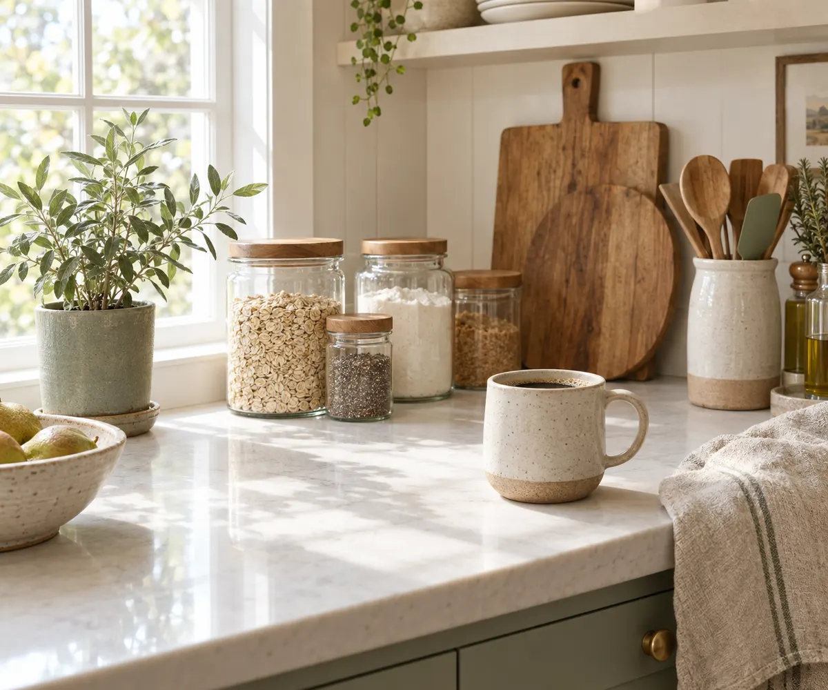 Calm, organized farmhouse kitchen counter with glass jars, a plant, and a cup of coffee