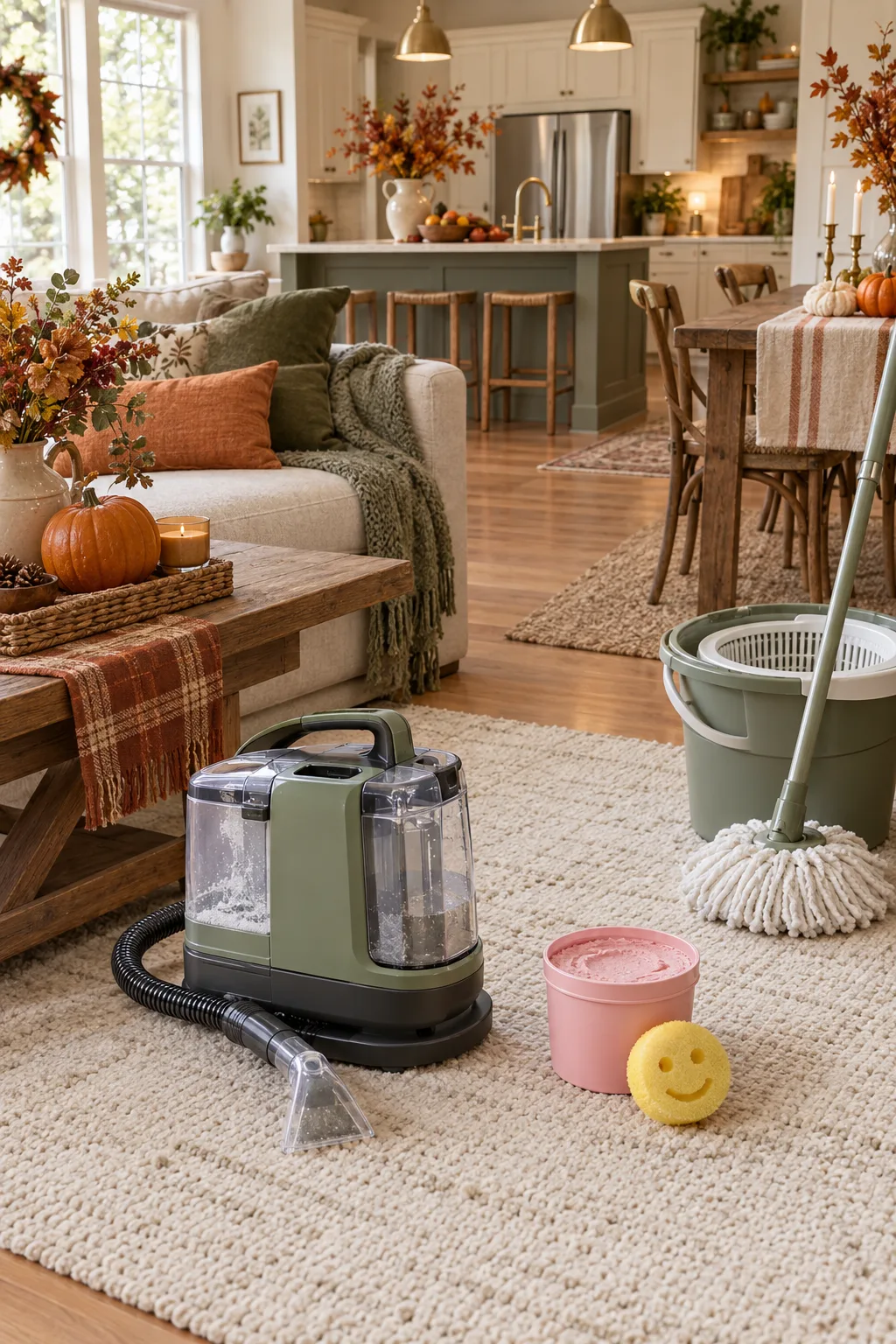 Living room prepped for holiday guests with a portable carpet cleaner, pink cleaning paste, a smiley sponge, and a spin mop