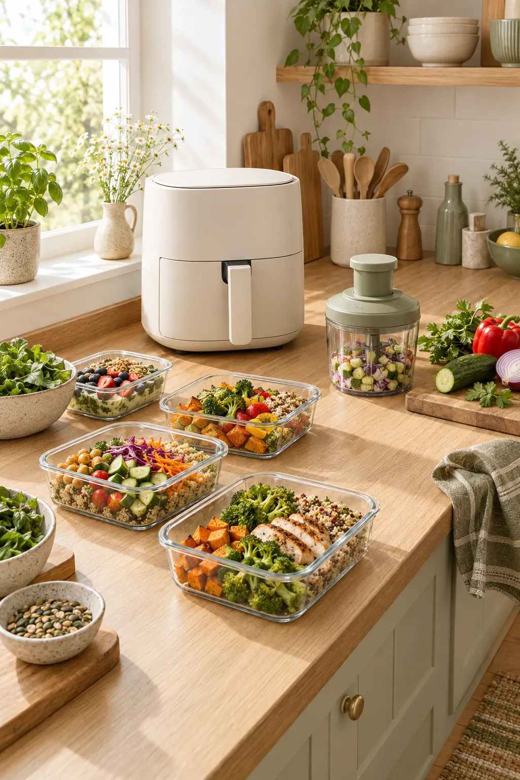 Tidy kitchen counter with a cream air fryer, vegetable chopper, and glass meal-prep containers