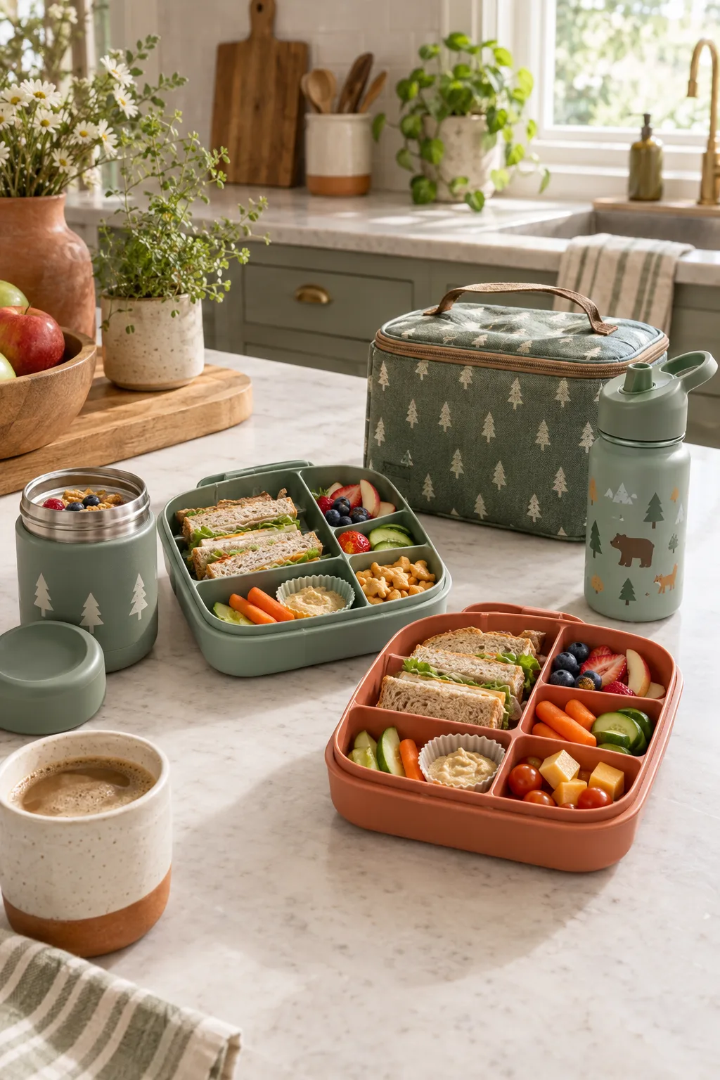 Kitchen counter with two packed kids' bento lunch boxes, an insulated food jar, a water bottle, and a lunch bag