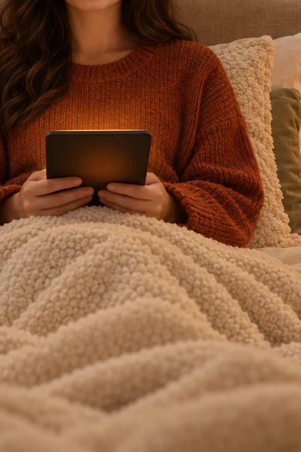Cozy fall bed with an e-reader, a fleece throw, tea, a glowing sunrise alarm clock, and lavender bath salts